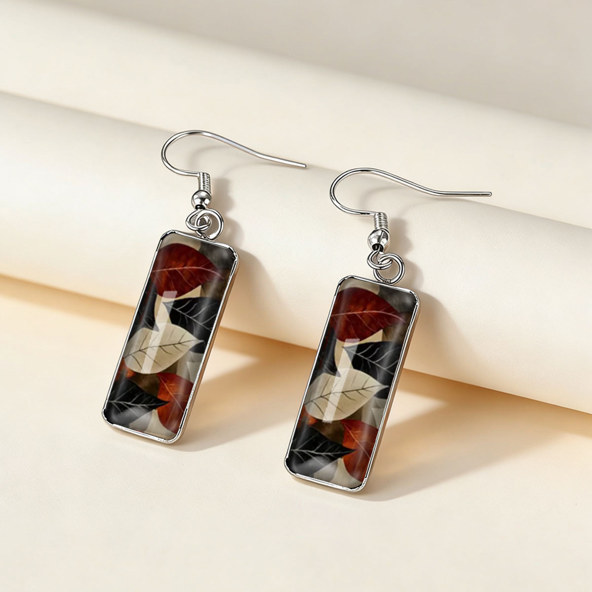 Autumn Brown & Red Leaf Pattern Rectangular Earrings, Unisex